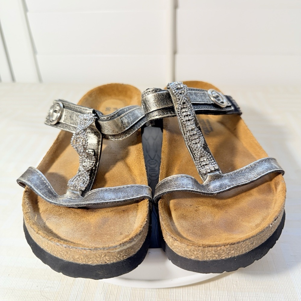 NAOT Malibu‎ Metallic Jeweled T Strap Leather Wedge Sandals Shoes Size 36 US 5